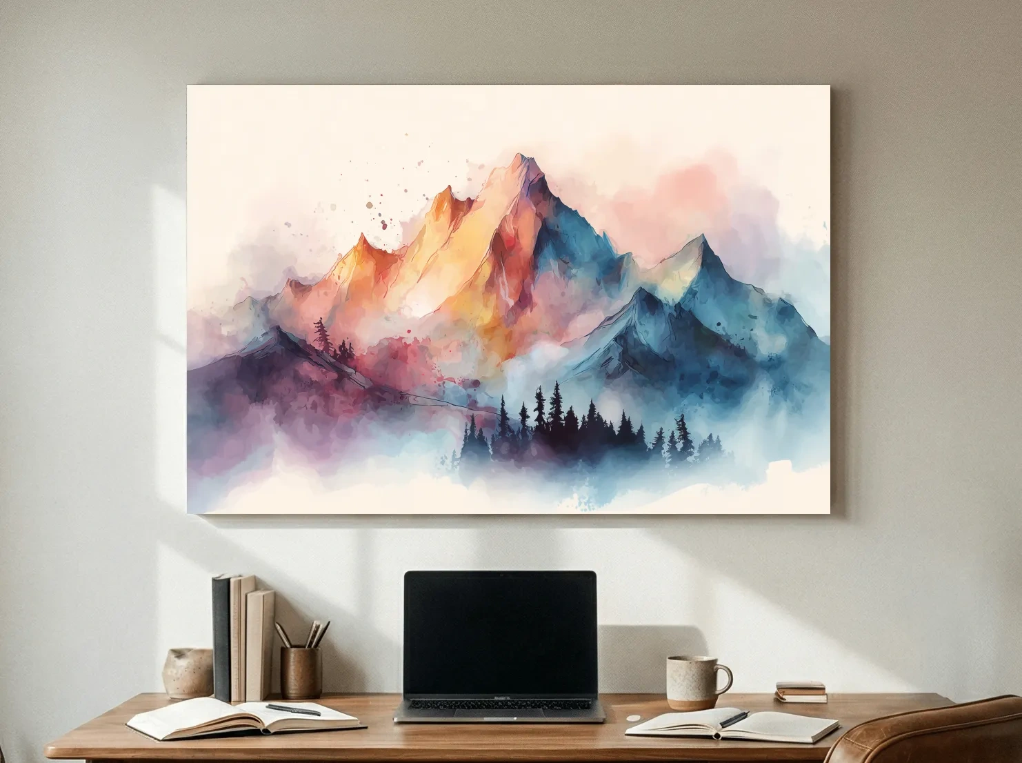 Vibrant Watercolor Mountain Peaks - Colorful Misty Alpine Forest Wall Art