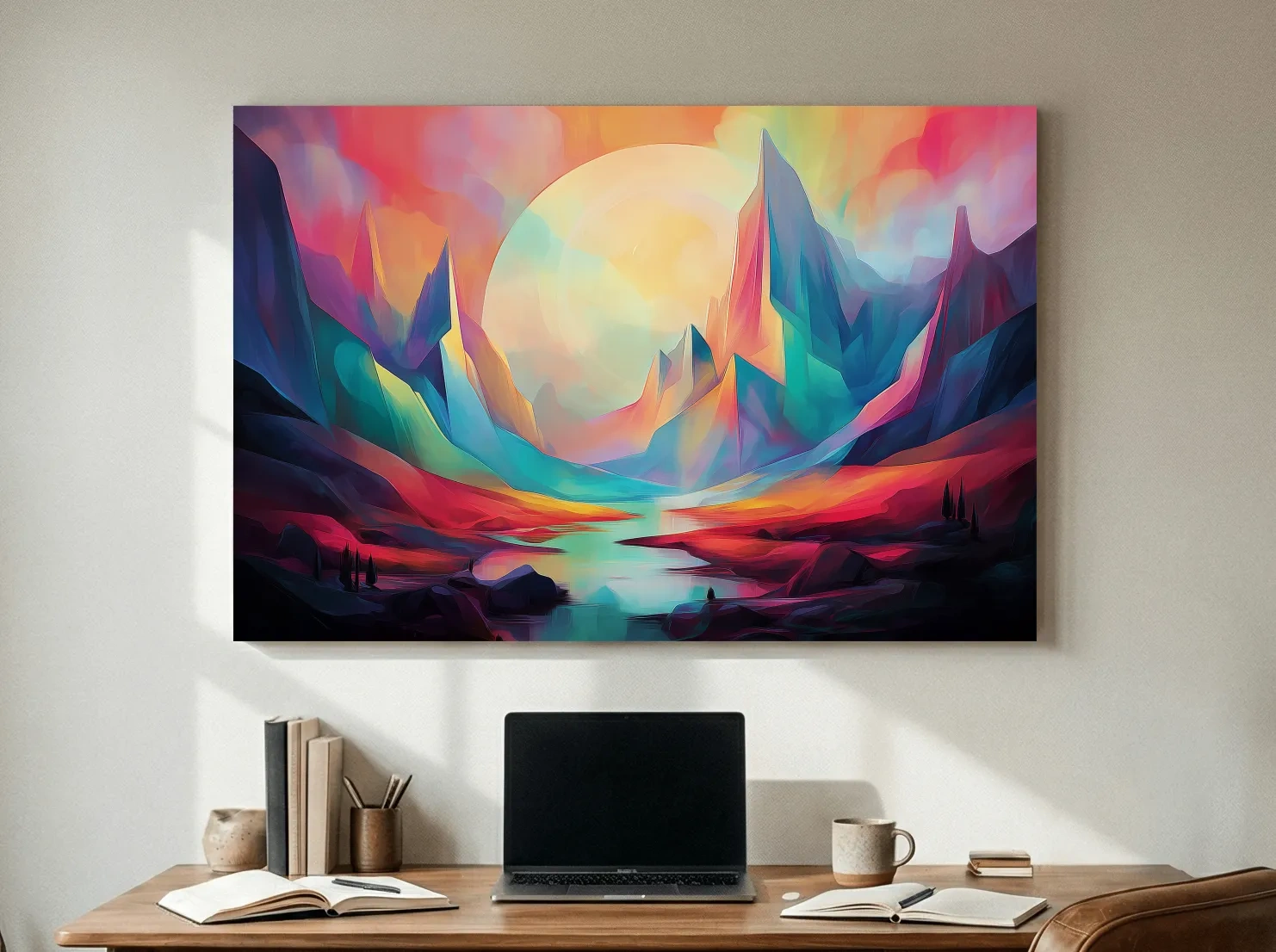 Vibrant Abstract Mountain Valley Sunset - Colorful Surreal Landscape Wall Art