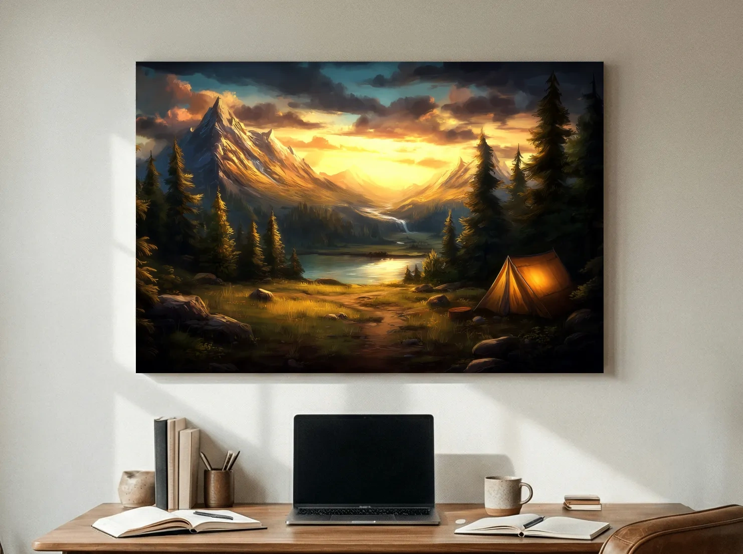 Golden Sunset Alpine Camping Scene Impressionist Painting - Scenic Mountain Wall Art