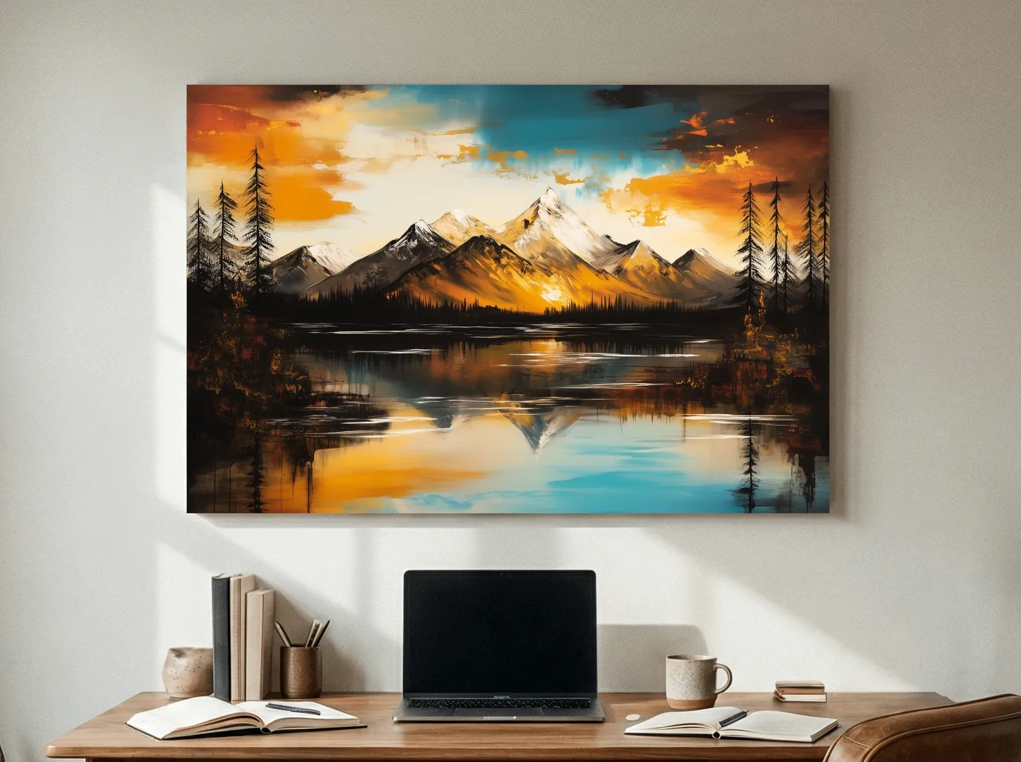 Alpine Mountain Sunset Oil Painting - Abstract Landscape Wall Art