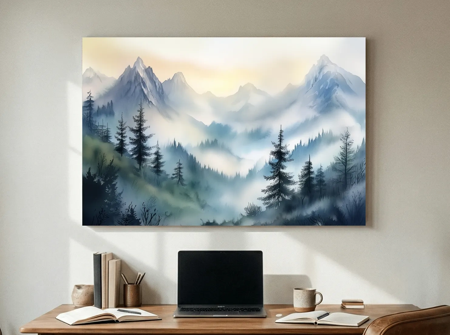 Chinese Ink Wash Watercolor Mountain Peaks - Foggy Alpine Wall Art