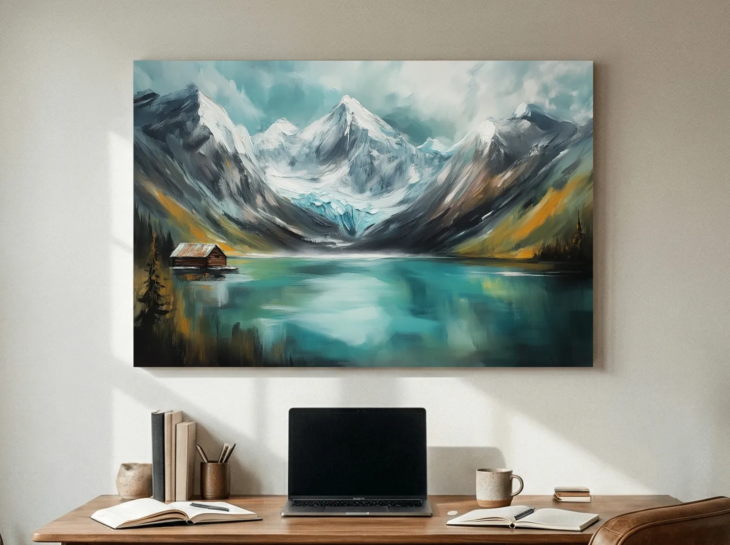 Turquoise Alpine Lake Cabin Painting - Snowy Mountain Landscape Wall Art