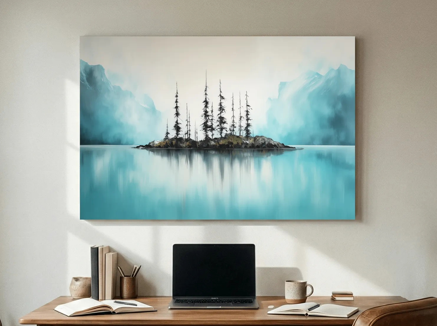 Misty Turquoise Mountain Lake Reflection - Minimalist Watercolor Landscape Wall Art
