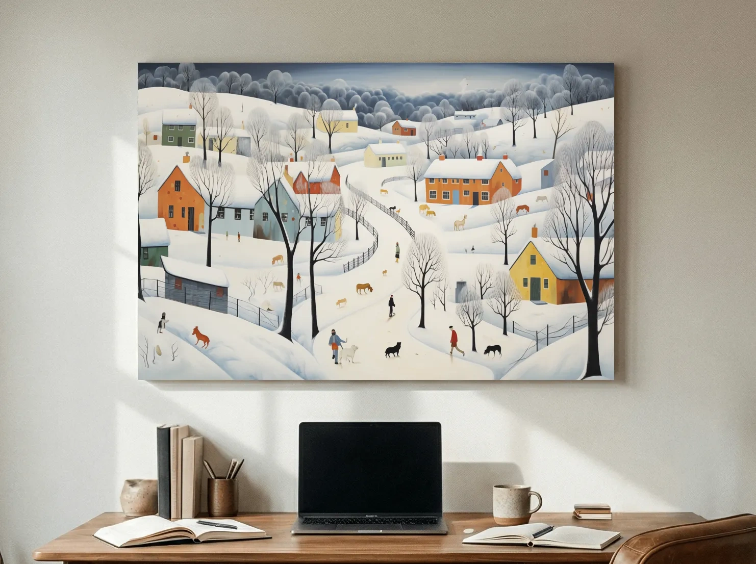 Whimsical Snowy Village Winter Landscape Painting - Folk Art Countryside Wall Art