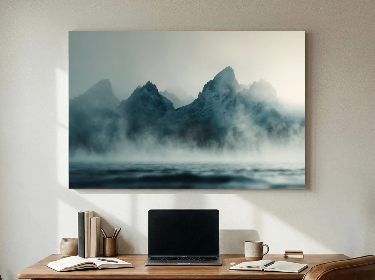 Moody Misty Mountain Peaks Over Water - Atmospheric Monochrome Landscape Wall Art