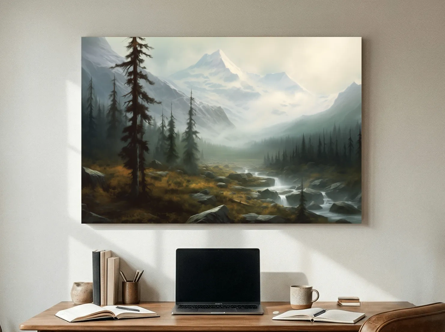 Misty Alpine Mountain Valley Painting - Foggy Evergreen Forest Wall Art