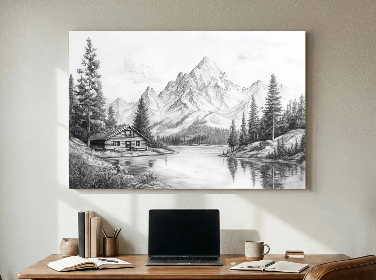 Vintage Pencil Sketch Alpine Lake Cabin - Black And White Mountain Landscape Wall Art
