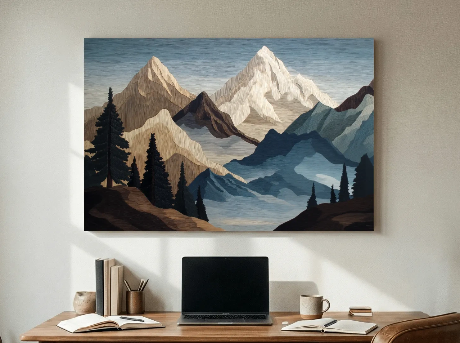 Textured Layered Alpine Mountain Peaks - Scenic Forest Wall Art