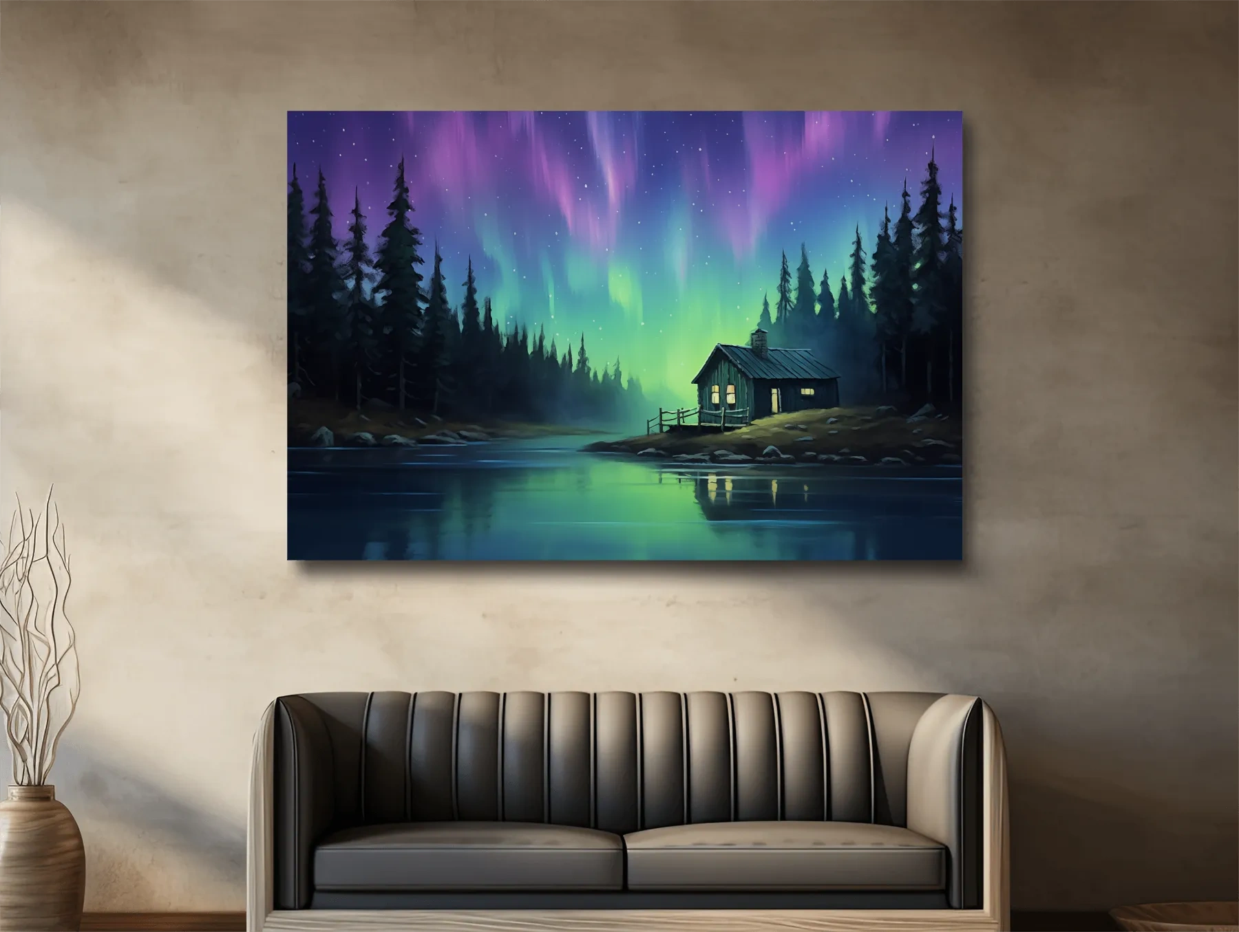 Northern Lights Over Lakeside Cabin Painting - Aurora Borealis Night Wall Art
