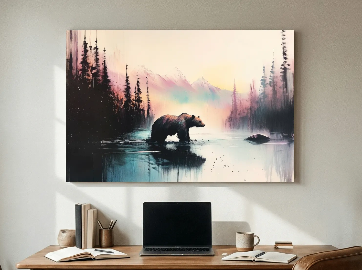 Moody Watercolor Grizzly Bear Lake Reflection - Misty Mountain Wilderness Wall Art