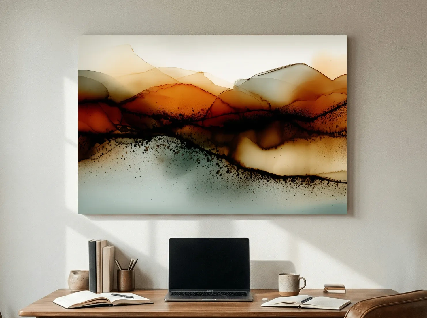 Moody Abstract Sepia Mountain Layers - Modern Alcohol Ink Landscape Wall Art