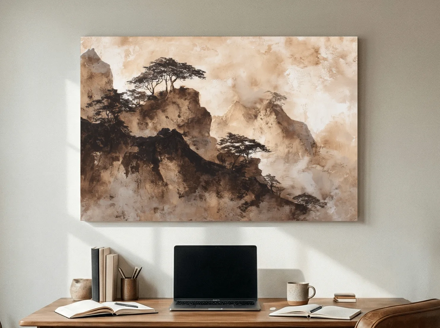 Sepia Japandi Mountain Ridge Painting - Atmospheric Ink Wash Art
