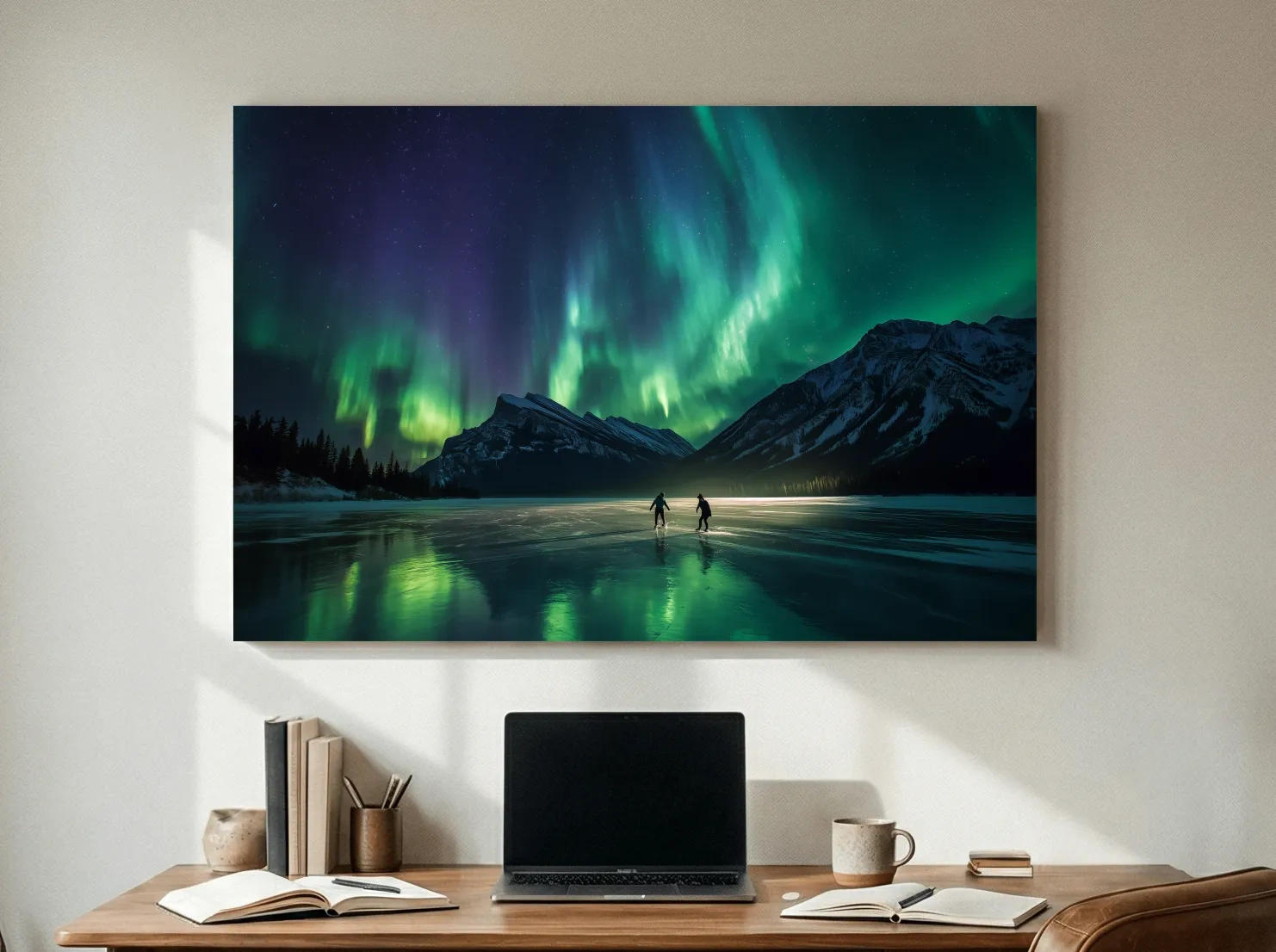Ice Skaters Under Vibrant Northern Lights - Aurora Borealis Photographic Wall Art