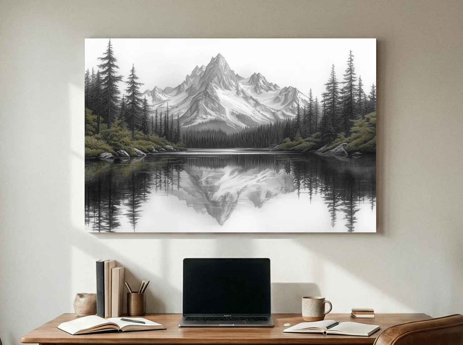 Monochrome Alpine Mountain Lake Reflection Sketch Artwork - Minimalist Forest Landscape Wall Art