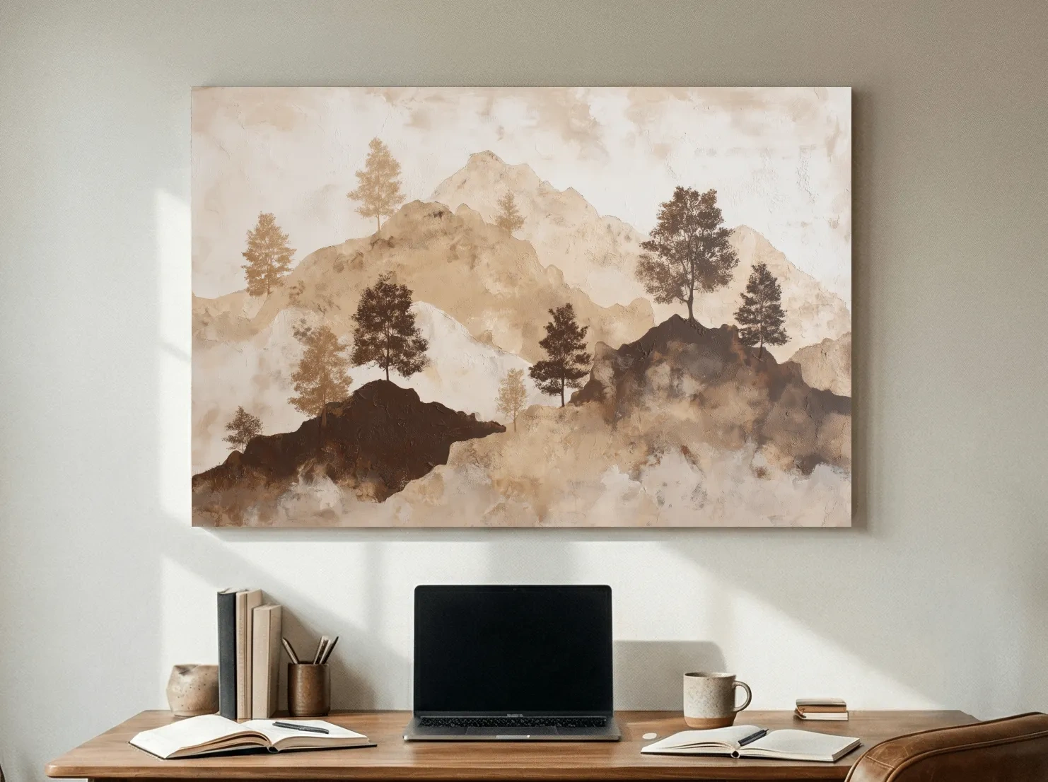 Wabi-Sabi Mountain Tree Silhouettes Painting - Minimalist Landscape Wall Art
