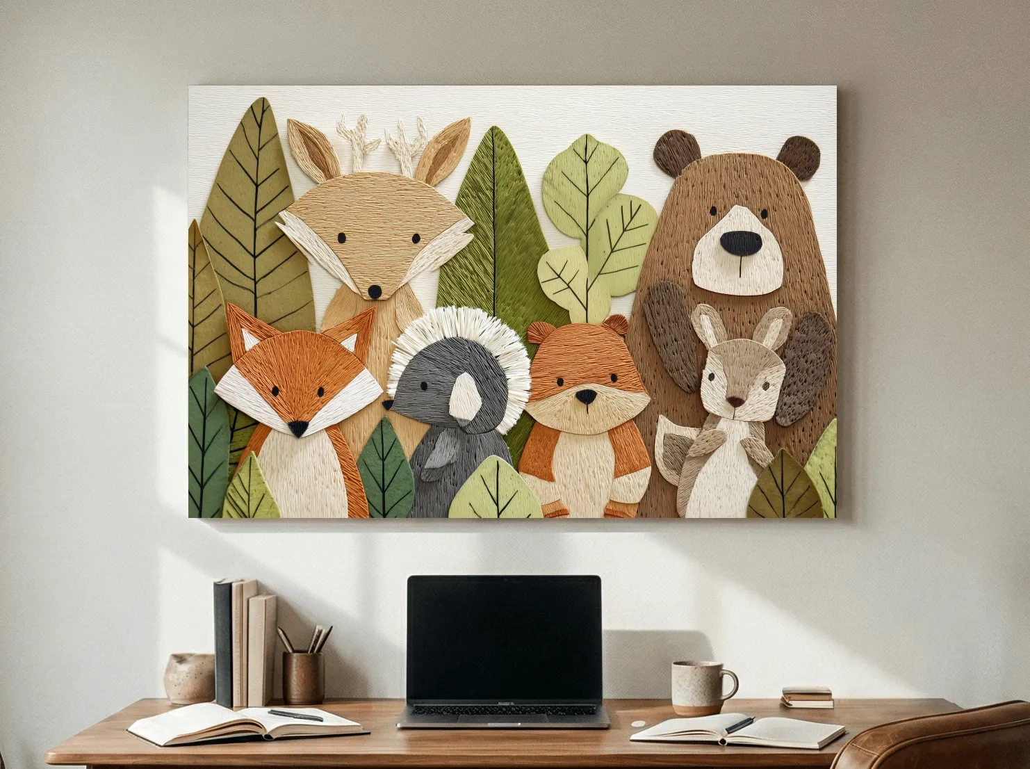 Woodland Animal Nursery Decor - Cute Forest Animals Embroidery Style Wall Art