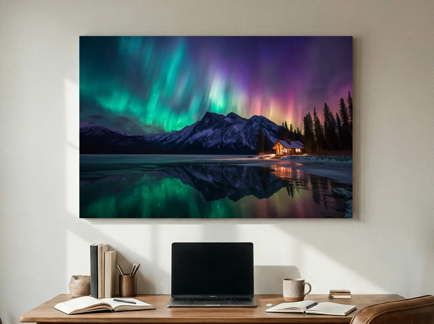 Vibrant Northern Lights Over Mountain Lake Cabin - Aurora Borealis Landscape Wall Art