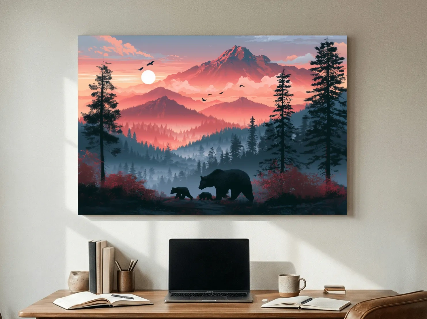 Sunset Mama Bear & Cubs Silhouette - Forest Wildlife Wall Art