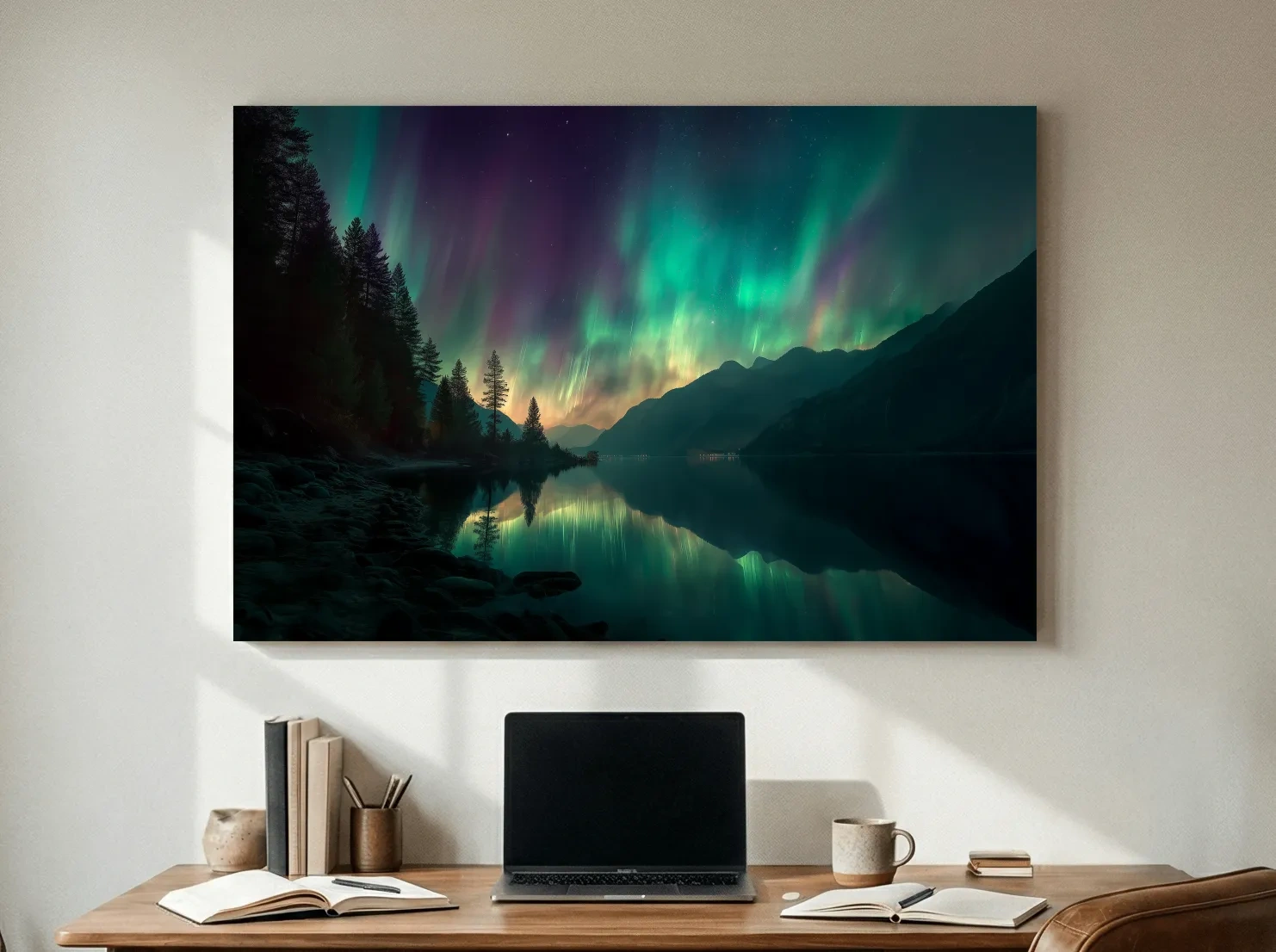 Vibrant Northern Lights Lake Reflection - Aurora Borealis Mountain Wall Art