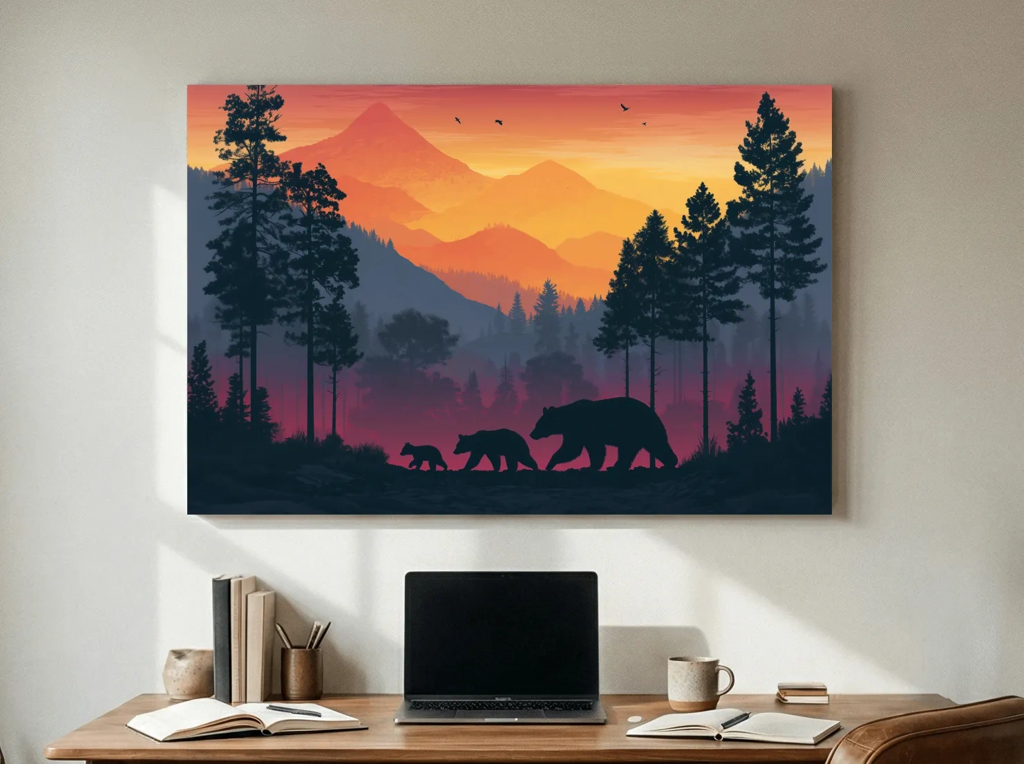 Sunset Momma Bear & Cubs Silhouette - Forest Wildlife Wall Art