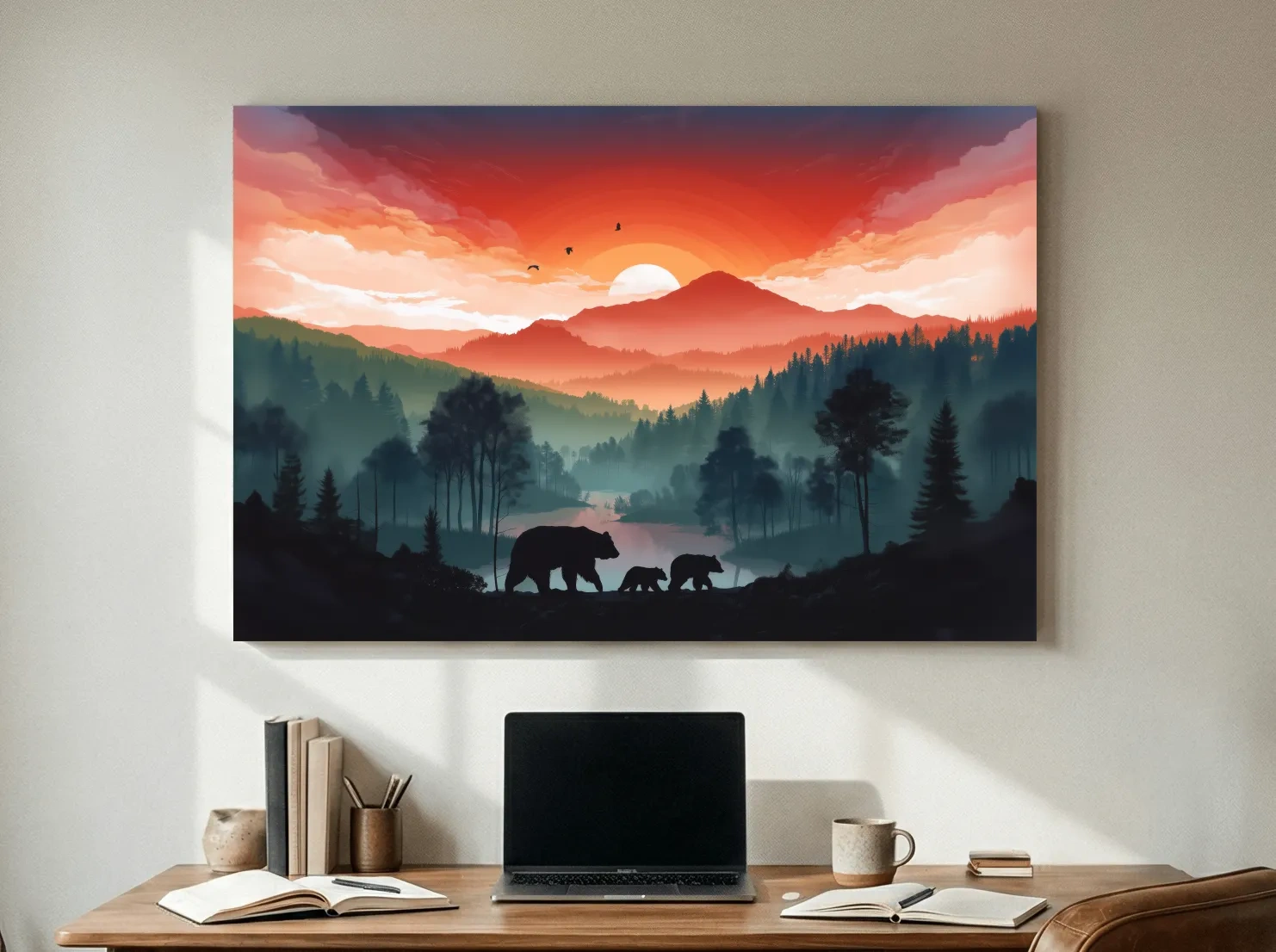 Sunset Bear Family Silhouette Landscape - Misty Mountain Forest Wall Art