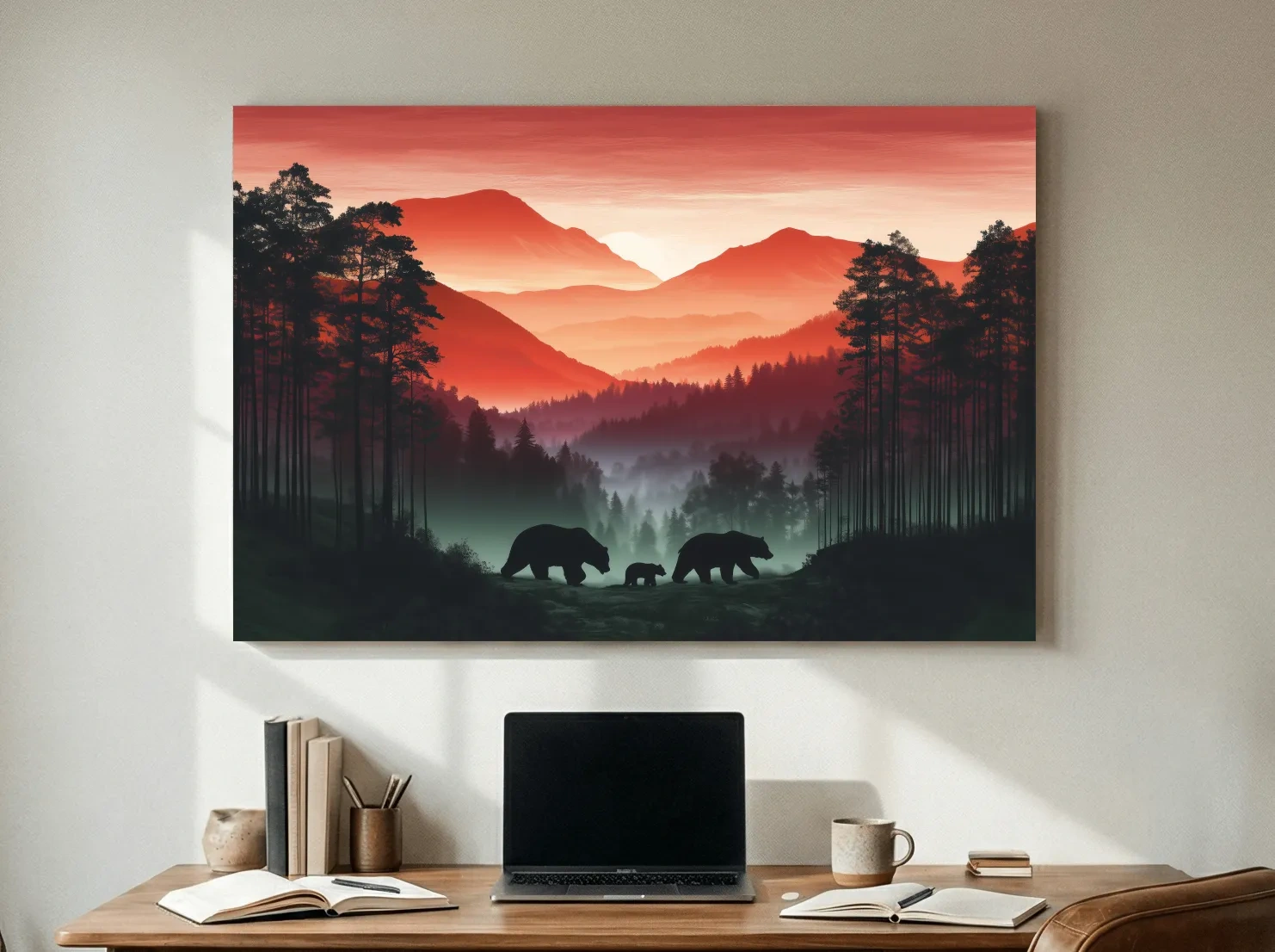 Moody Sunset Mountain Bear Family Silhouettes - Misty Forest Wildlife Wall Art