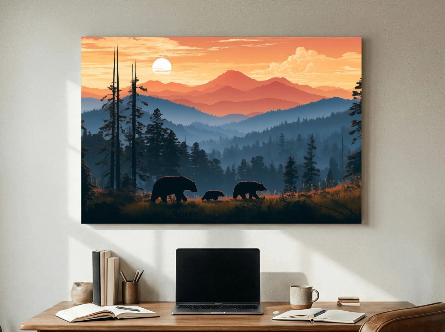 Bear Family Silhouettes - Mountain Sunset Wildlife Wall Art