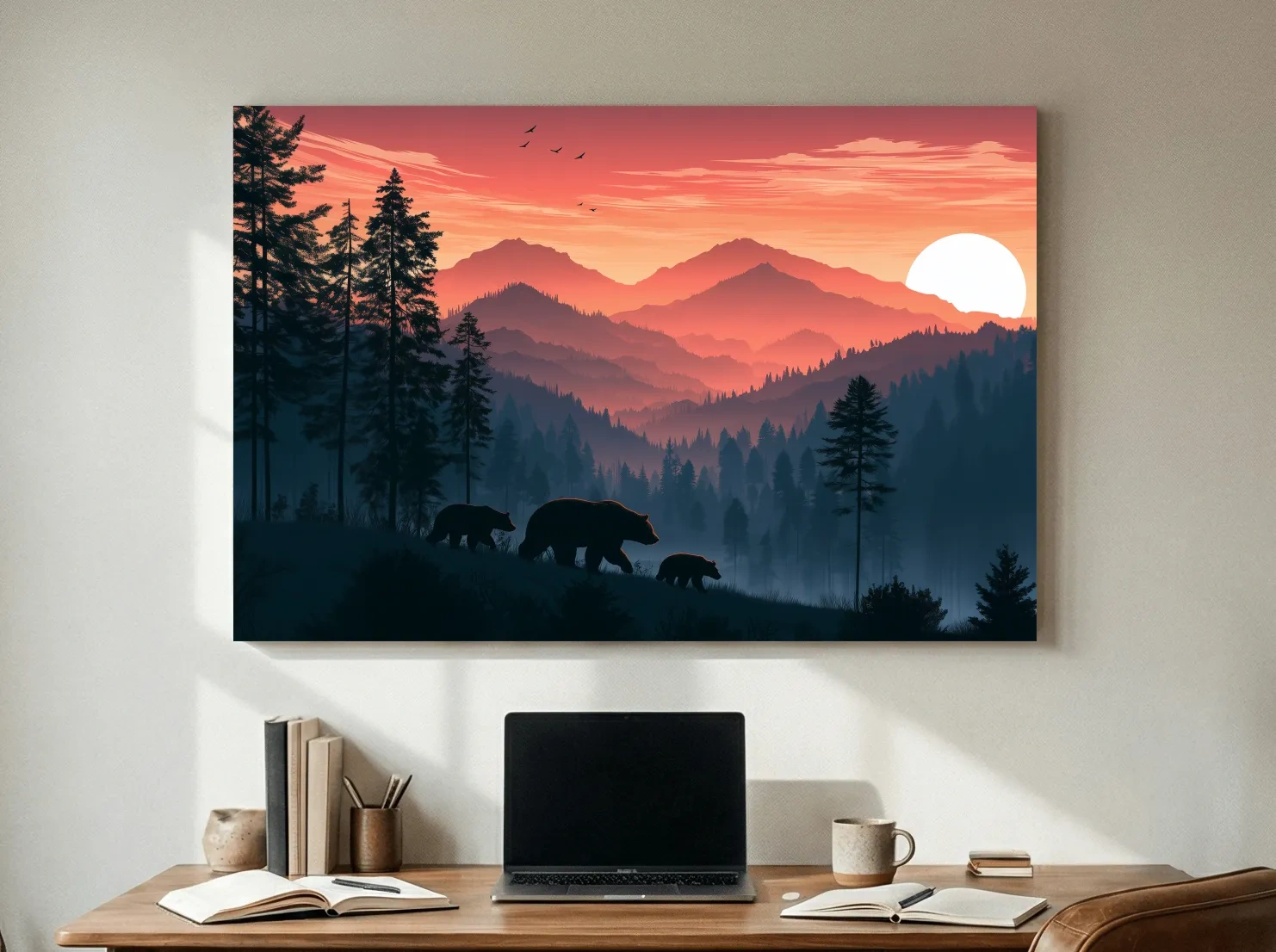 Bear Family Silhouette Mountain Sunset - Wildlife Landscape Wall Art