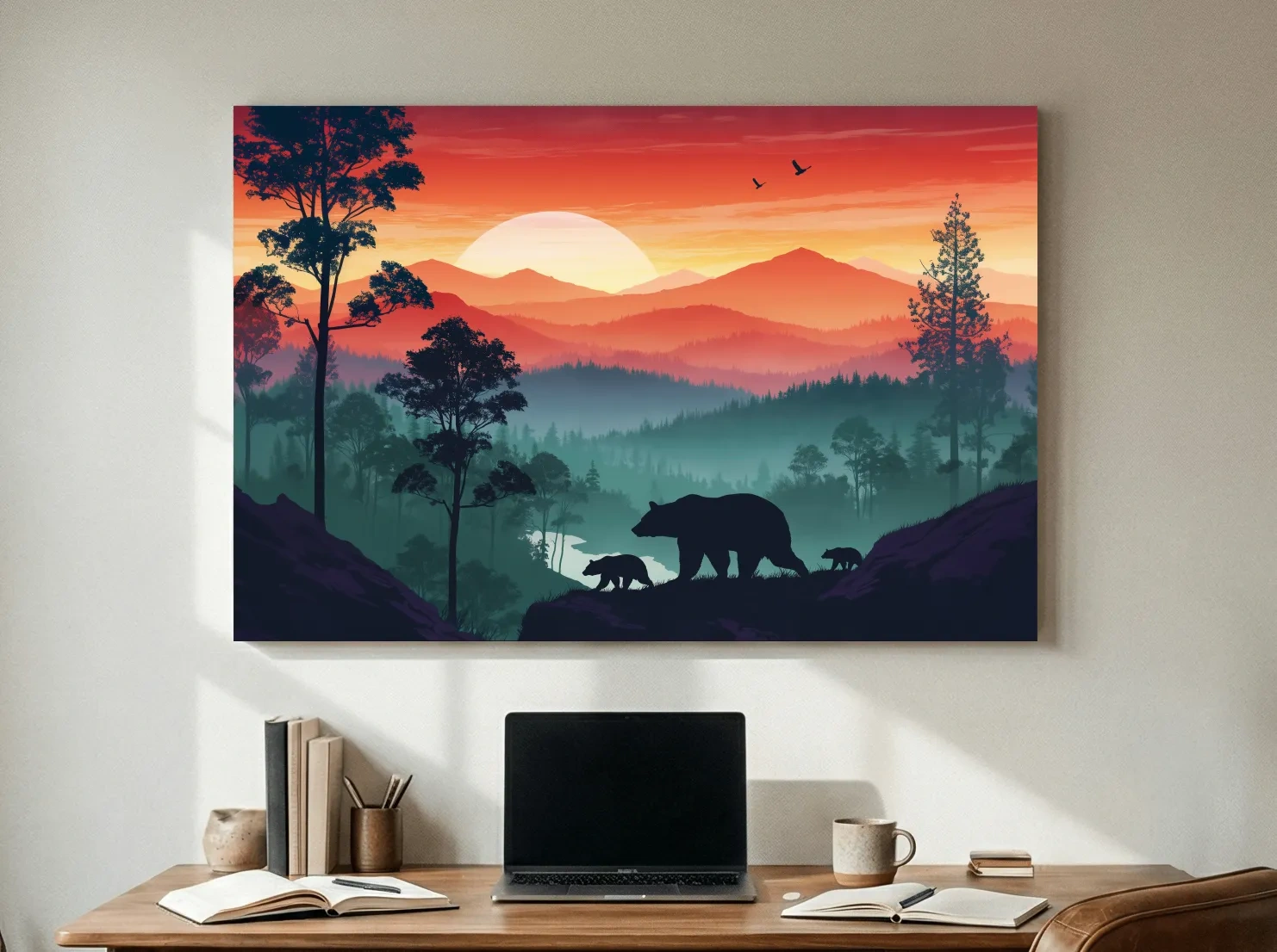 Sunset Mama Bear & Cubs Silhouette - Misty Forest Landscape Artwork