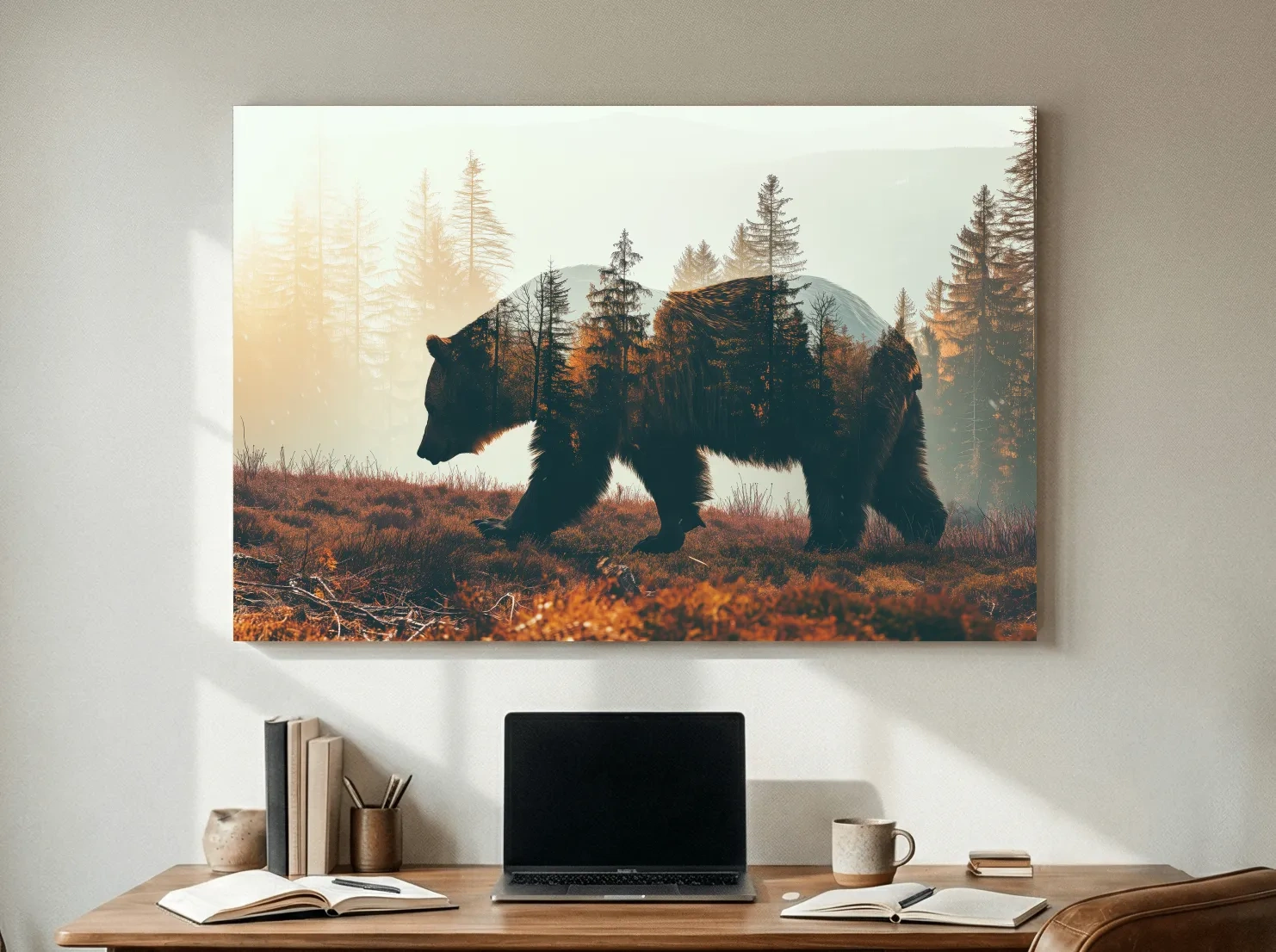 Double Exposure Grizzly Bear Forest - Misty Mountain Wildlife Photographic Artwork