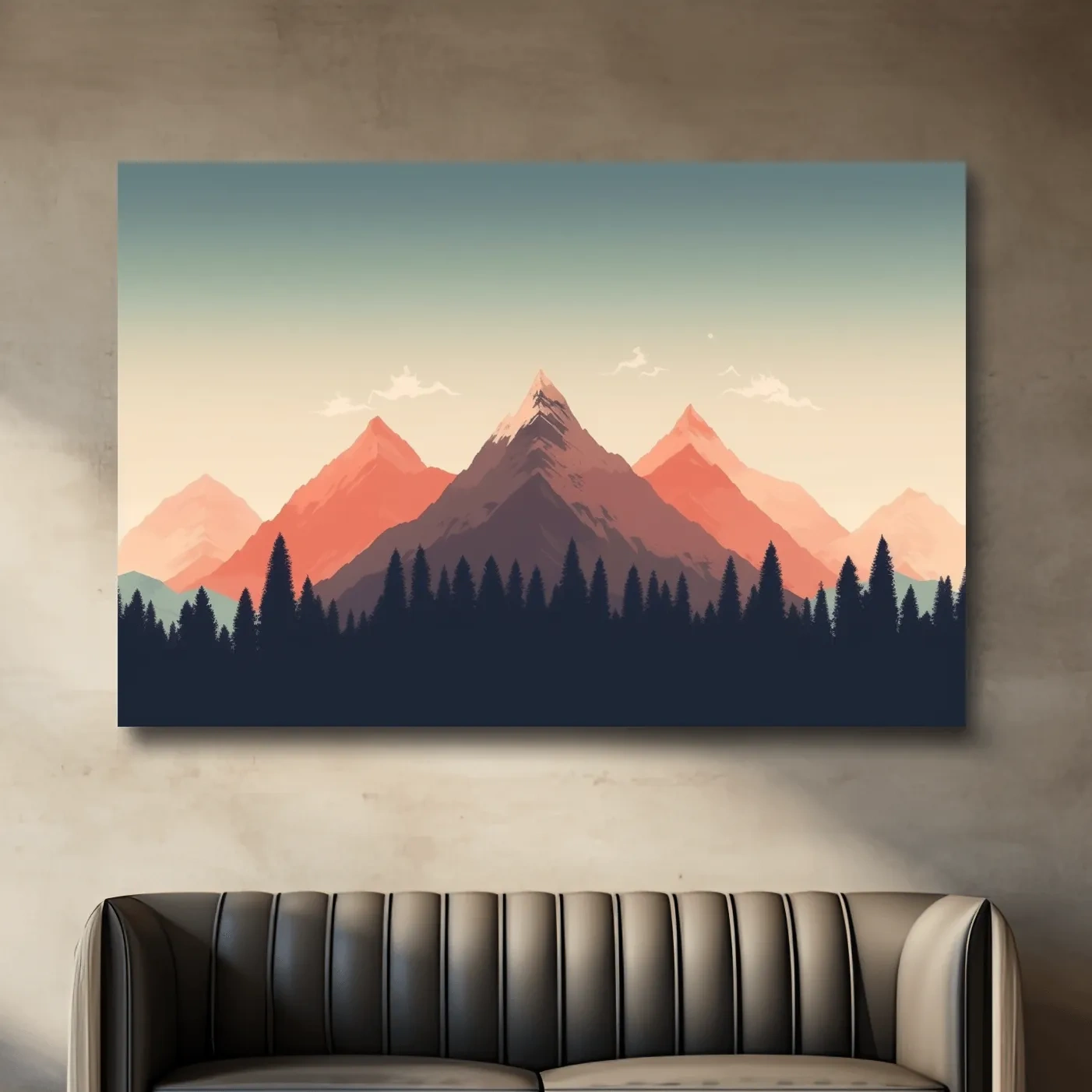 Minimalist Alpine Mountain Sunrise Artwork - Modern Scandinavian Forest Wall Art
