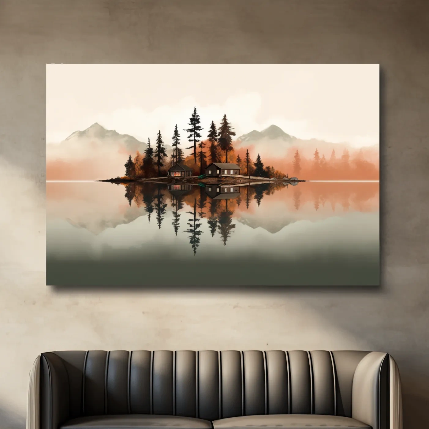 Minimalist art, lakeside cabin amongst the trees