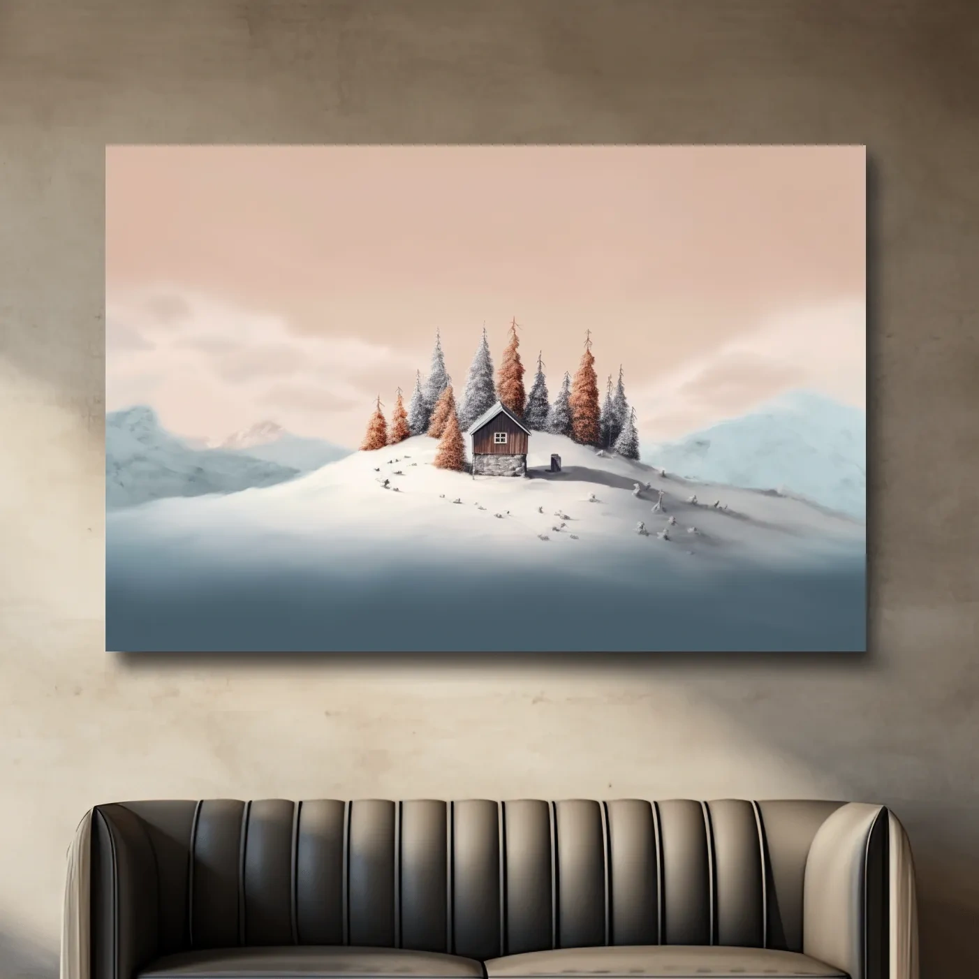 Minimal painting, cabin in the snow