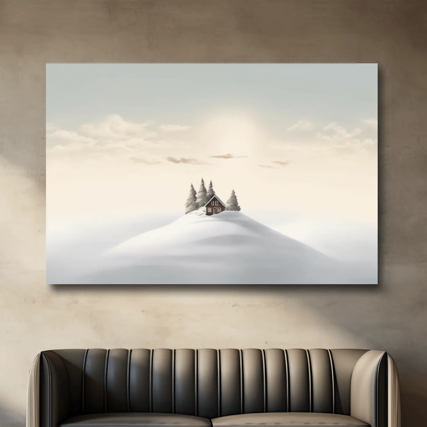 Minimal painting, cabin in the snow