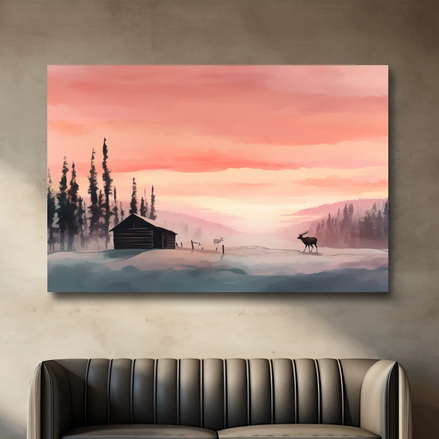 Sunset mountain scene, deer in the snow