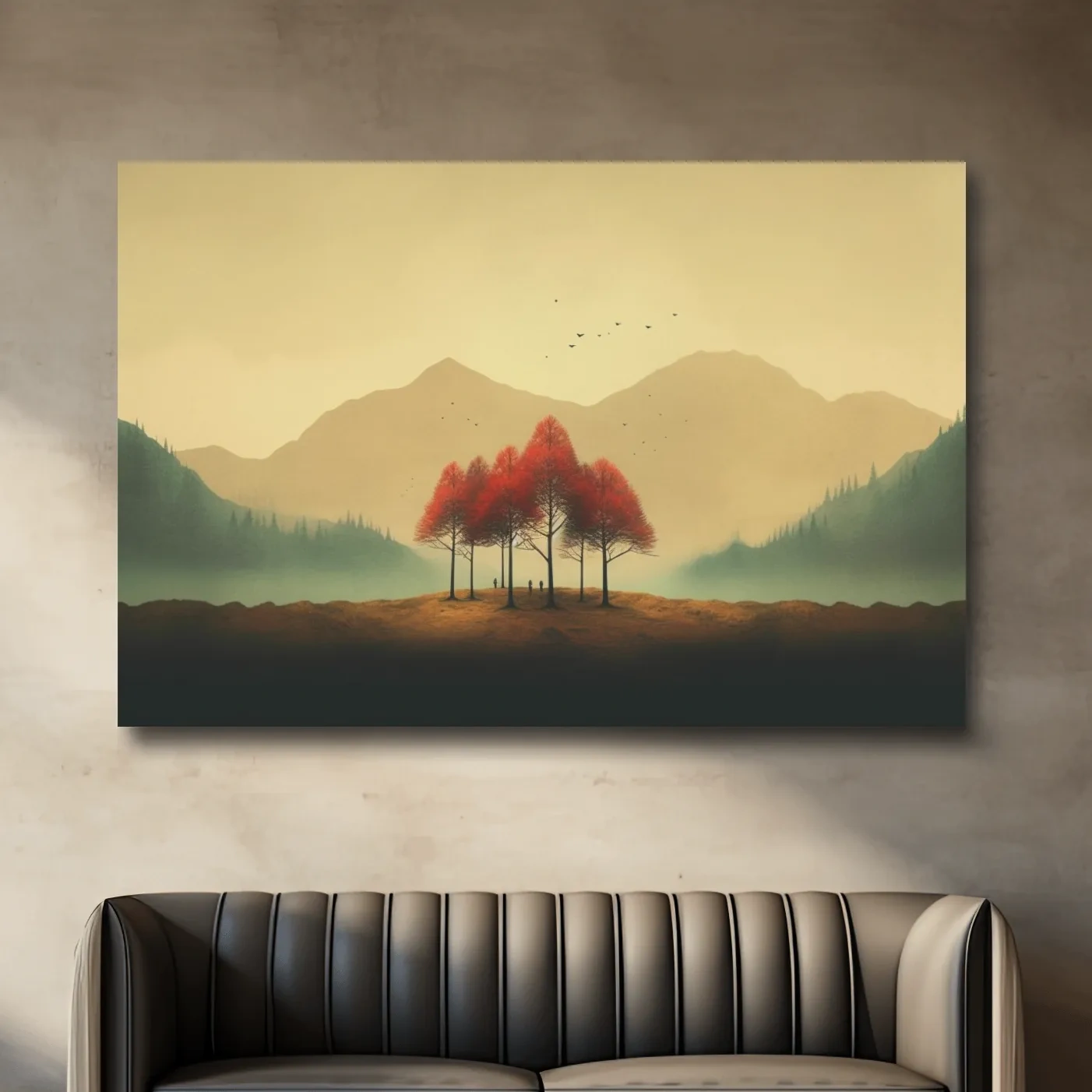 Landscape mountain artwork, minimal painting of autumn trees in the fog