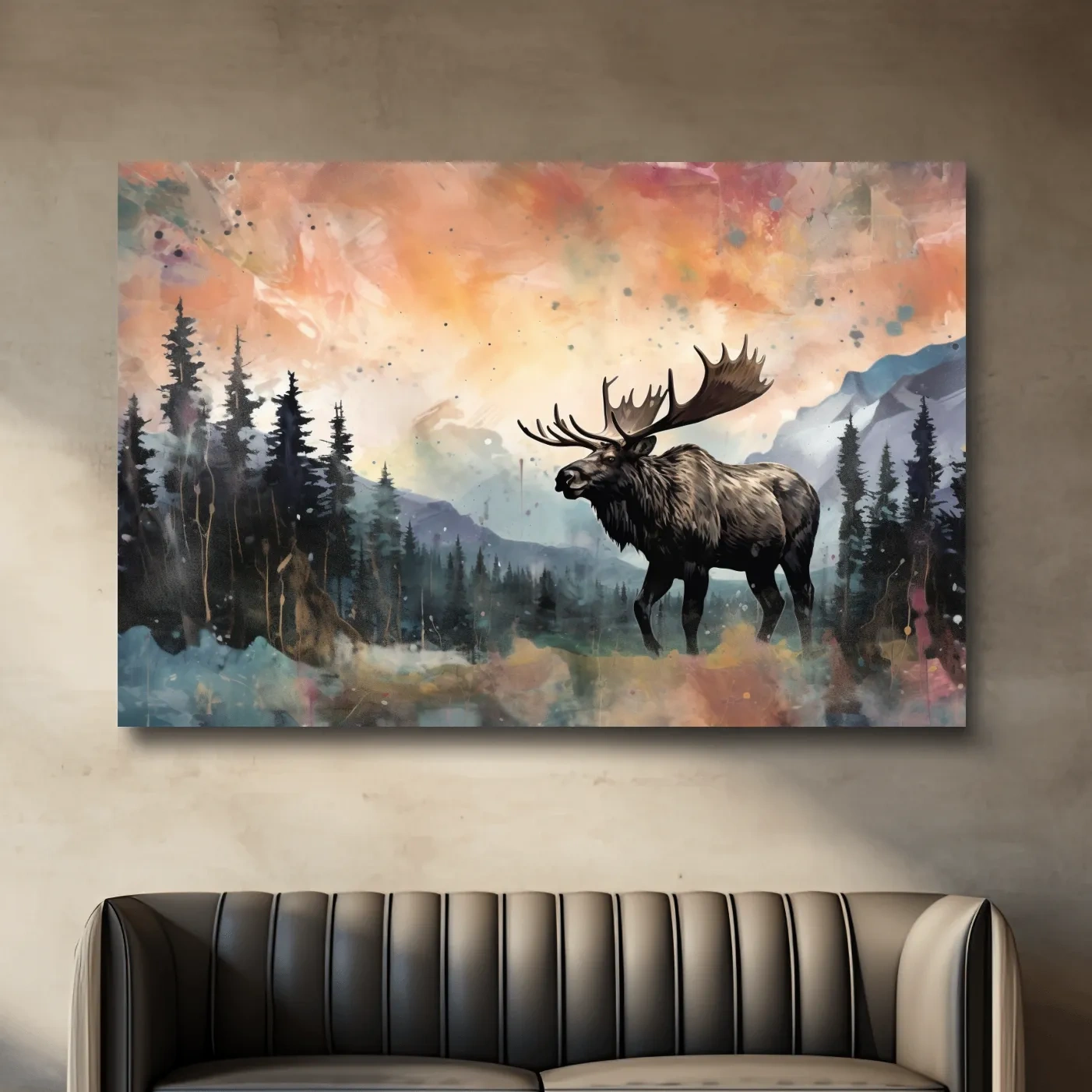 Abstract splattered painting of a moose in mountain scenery