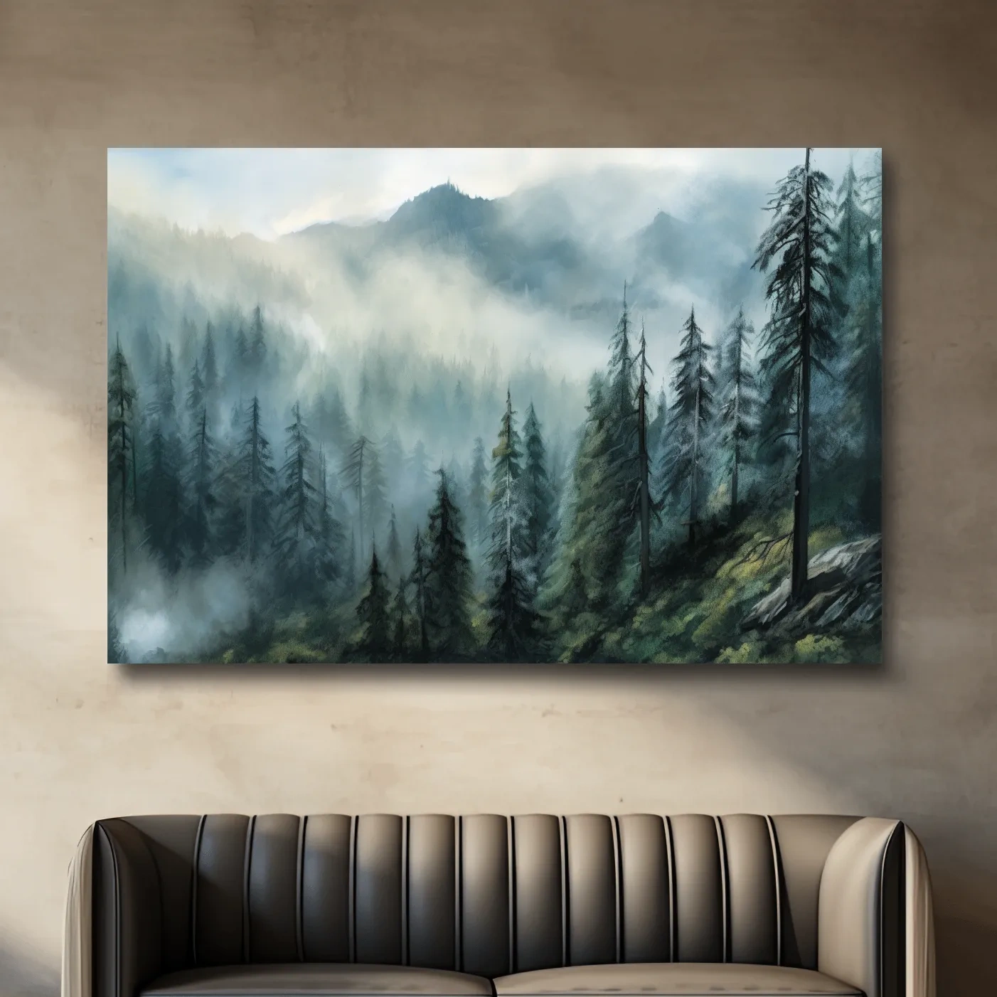 Painting of a foggy forest and mountains