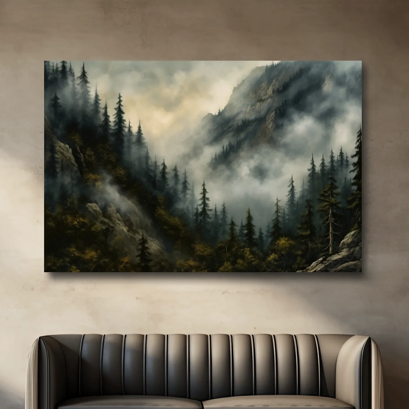 Painting of fog rolling through the trees and mountains, foggy forest artwork