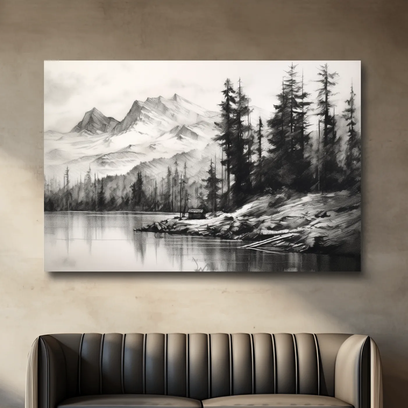 Charcoal drawing of mountains and a lake