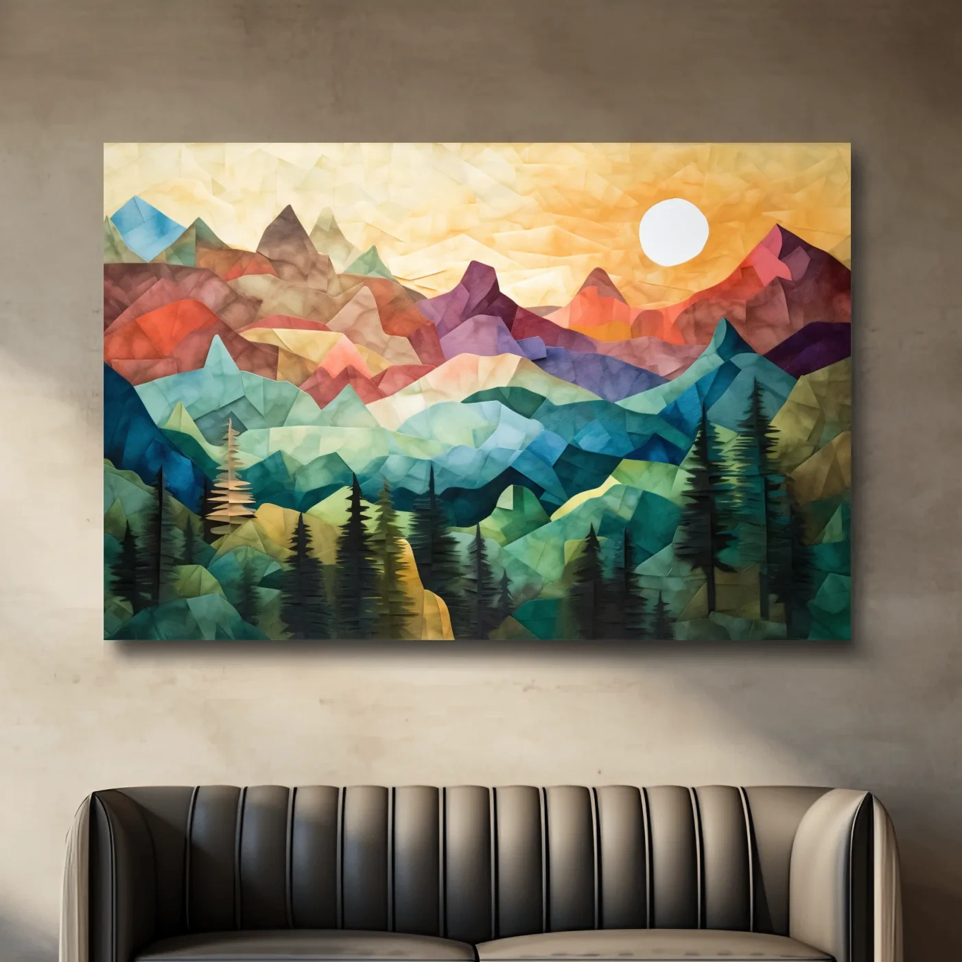 Abstract canvas print of mountains at sunset, patchwork effect