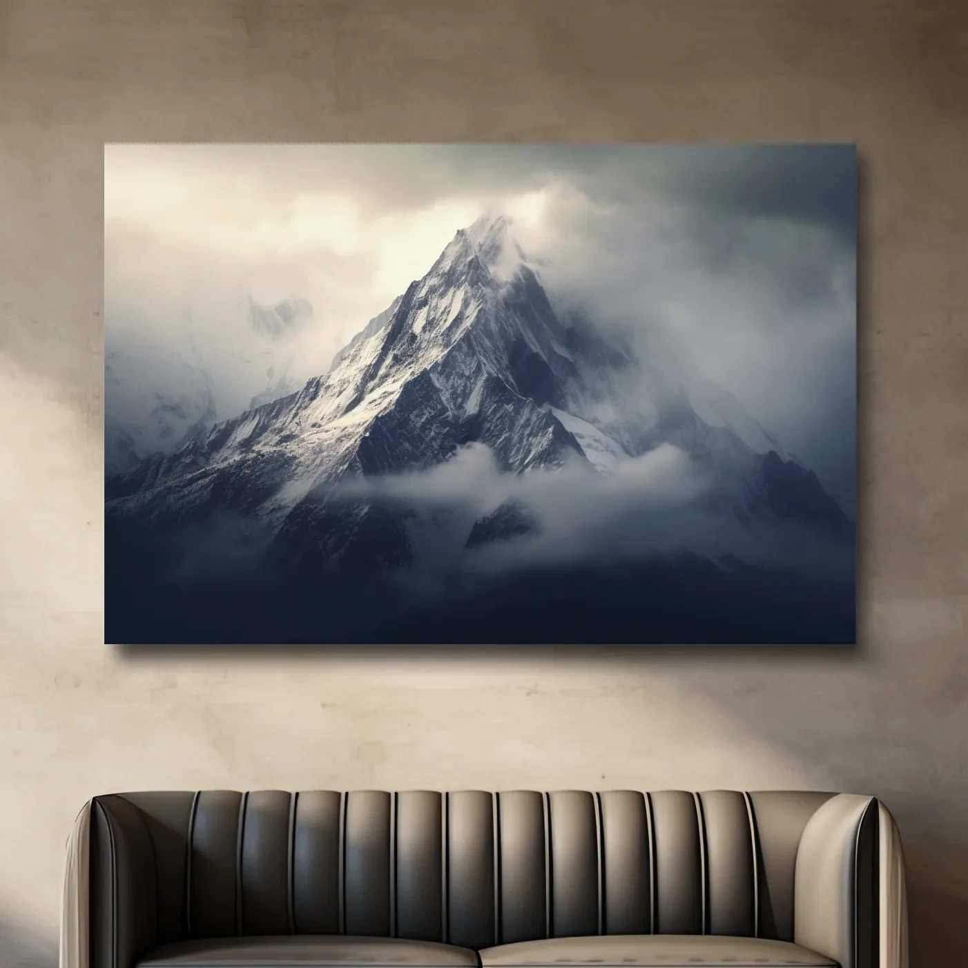 Photographic art, snow capped mountain in the clouds