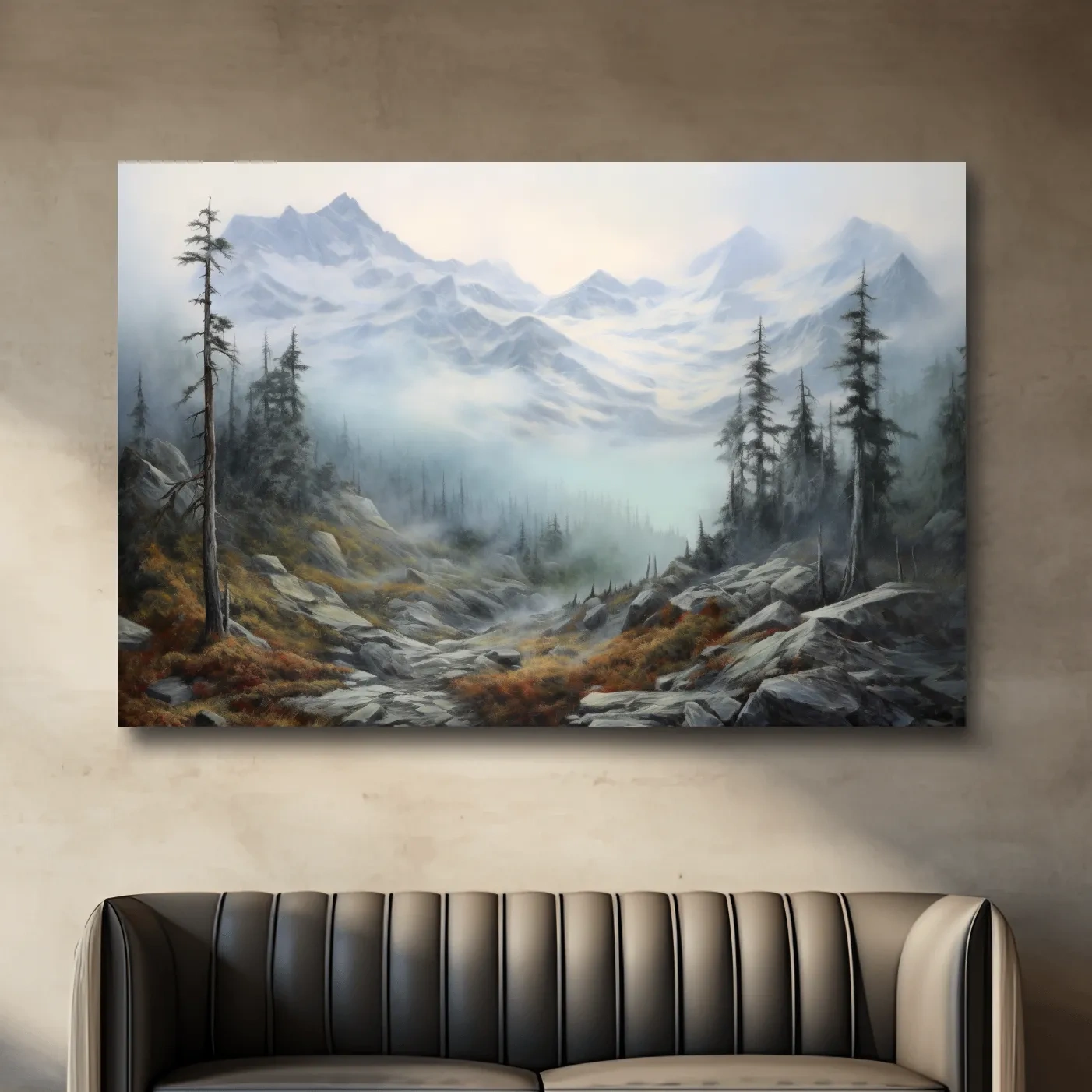 Painting of fog rolling through an alpine scene