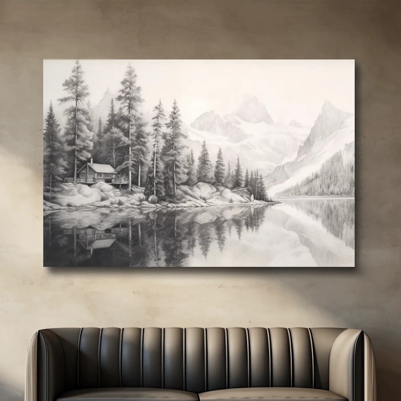 Lead pencil drawing of a cabin by a glacial lake