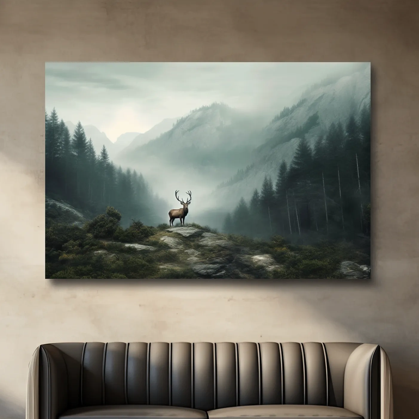 Painting style artwork of a majestic deer standing in the fog
