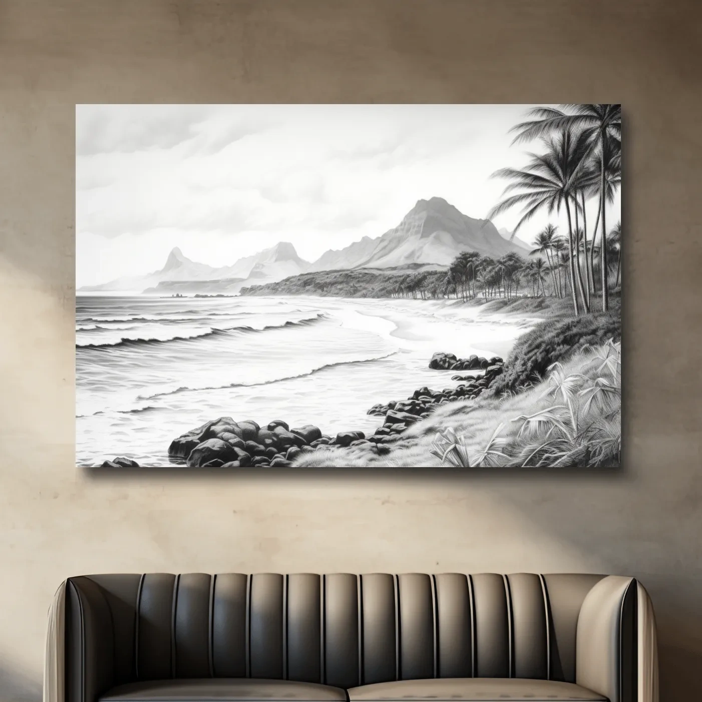 Black and white drawing of a tropical beach mountain scene