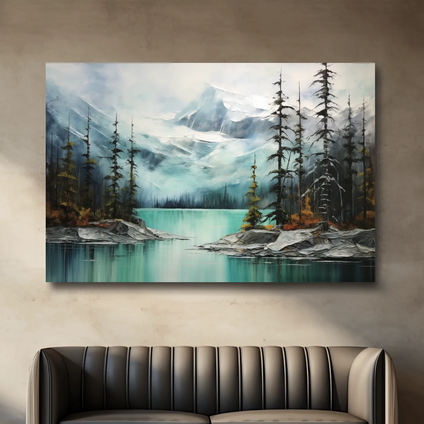 Painting of a turquoise lake in the alpine