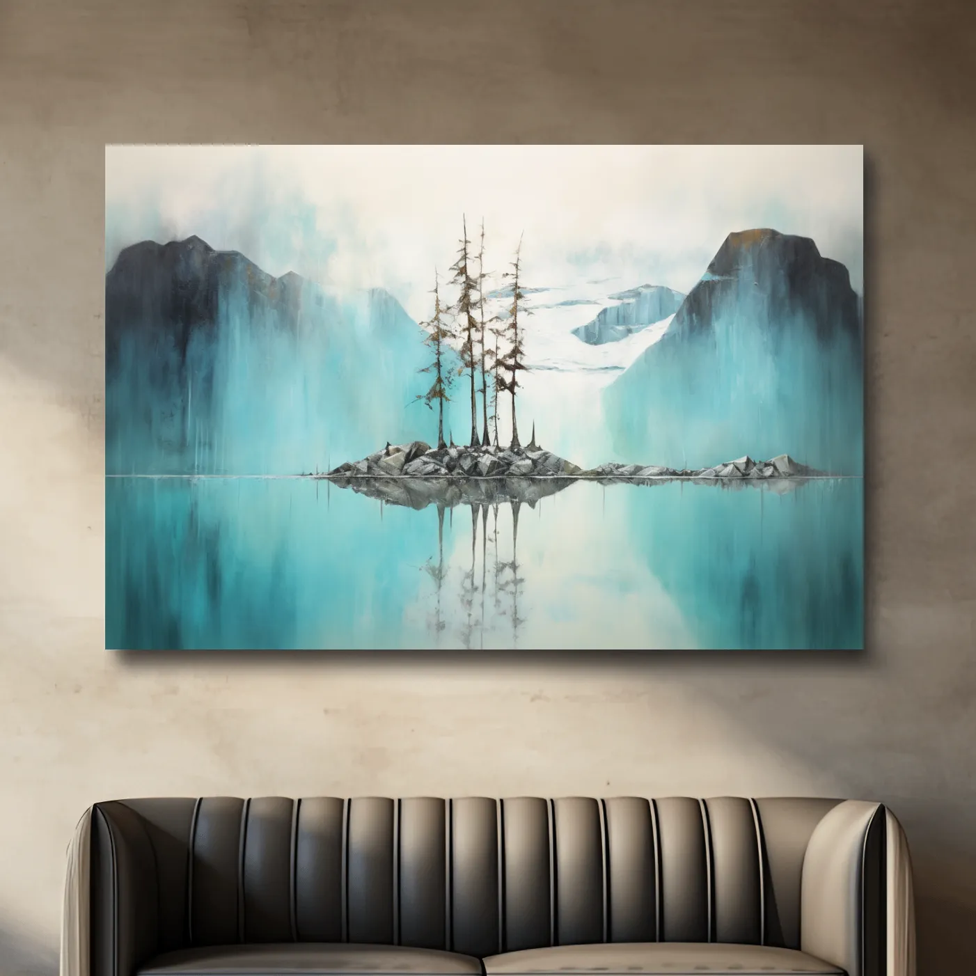 Trees on a turquoise lake, mountain painting