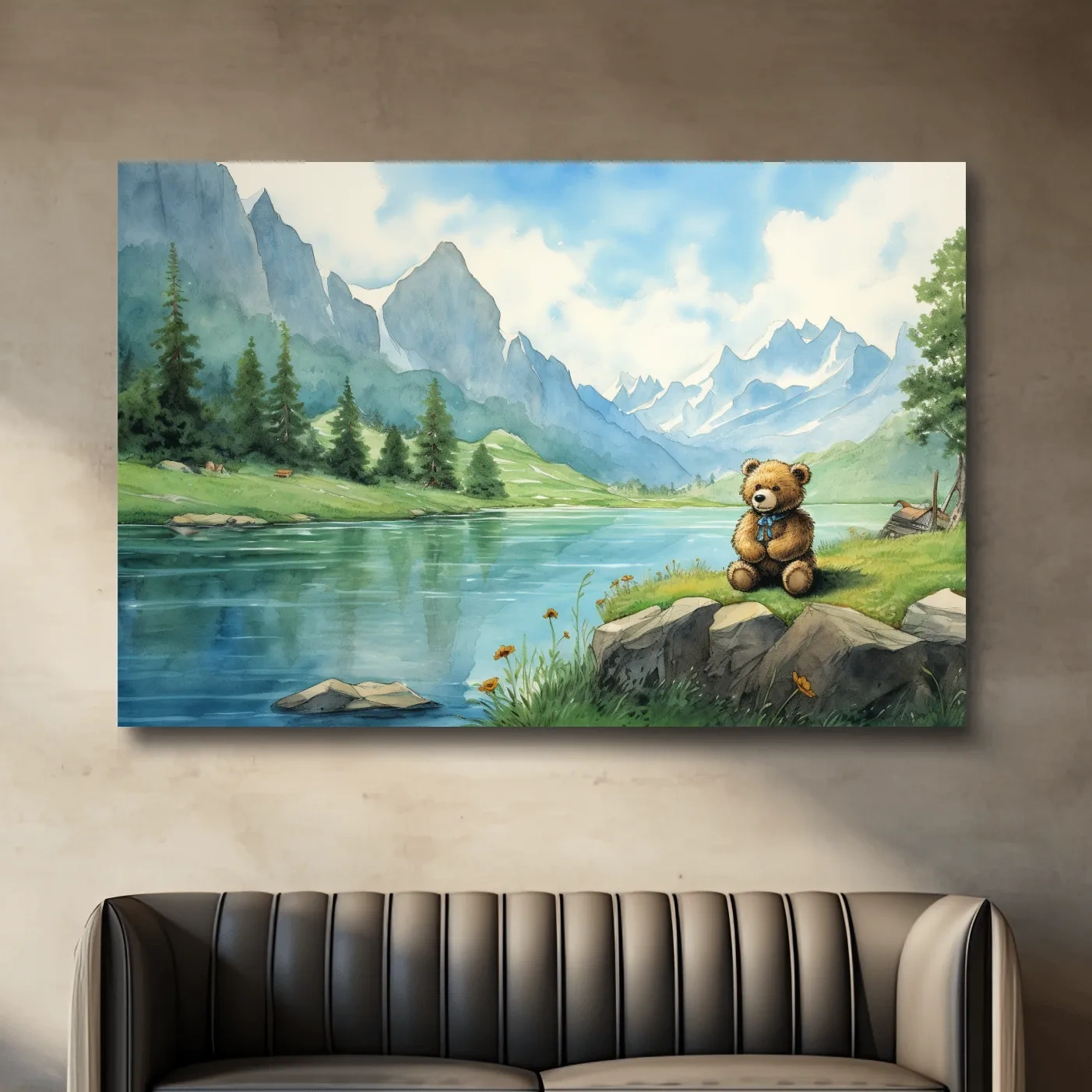 Whimsical Teddy Bear By Mountain Lake - Cute Watercolor Nursery Wall Art