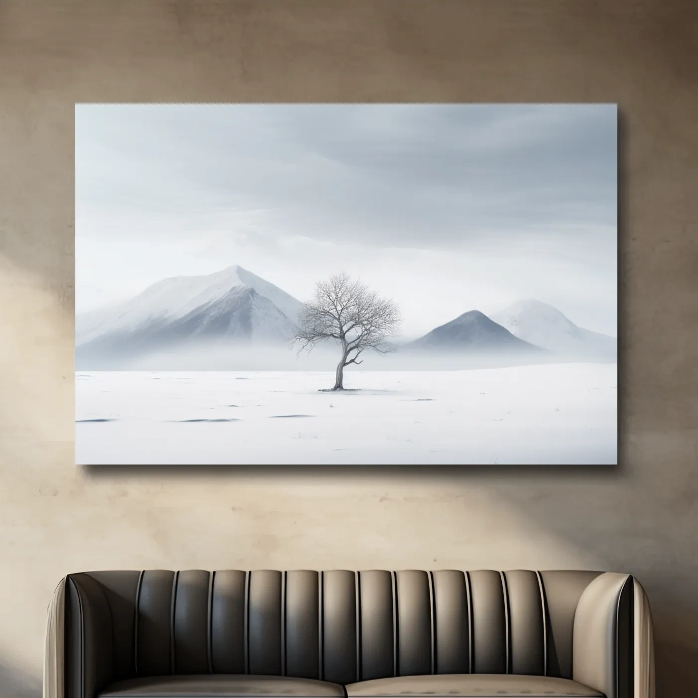 Minimal art, painting of a tree in the snow